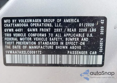 2020 Volkswagen Passat 2.0T S z USA, uszkodzony, nr VIN 1VWAA7A32LC009172